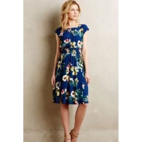 Anthropologie Dresses & Skirts - Anthropology Maeve Women's M Relaxed Evalina Cap Sleeve Smocked Waist Dress Blue